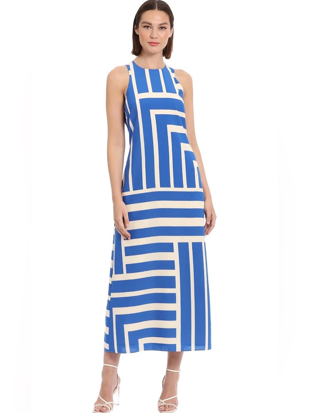 Donna Morgan Blue and Cream Geometric Midi Dress
